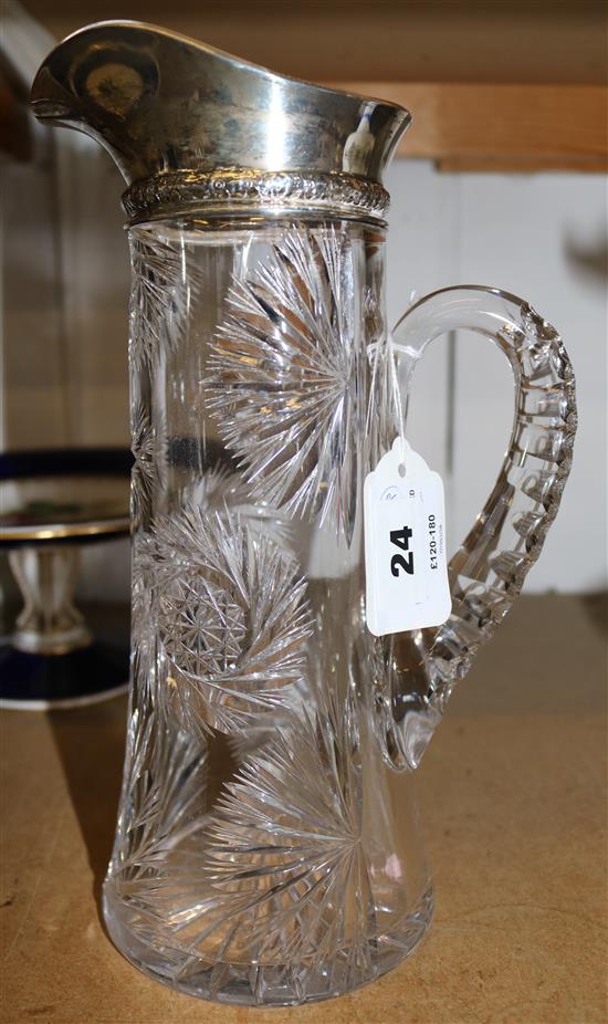 Sterling silver-mounted cut glass water jug, import mark, starburst and roundel-engraved